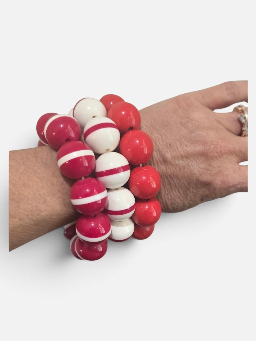 Chunky Bead Stretch Bracelet Set - Red, White & Striped